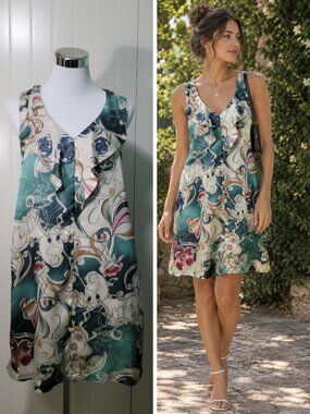 Artsy Boho Retro Mod 60s 70s Paisley Sleeveless V-Neck Ruffle A-line Shift Dress